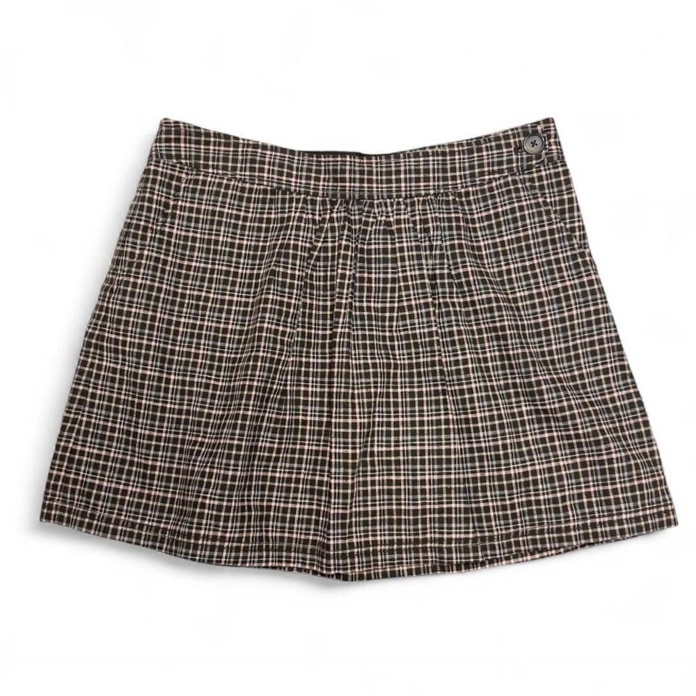 Vintage Y2K Brown Plaid Mini Skirt Womens‎ Size 6 Linen/Cotton Academia Grunge